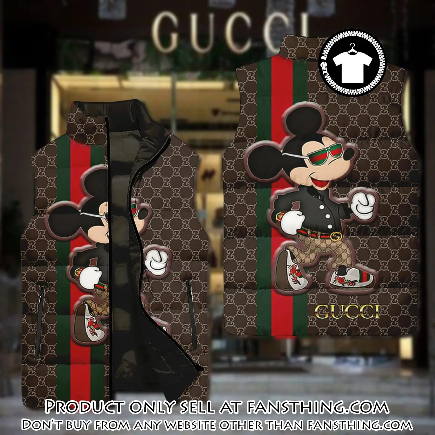 Gucci mickey mouse brown luxury brand 3d sleeveless down jacket fst0507074